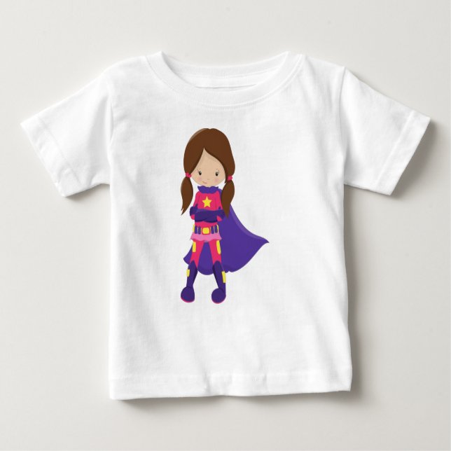 Camiseta Para Bebê Garota Super-Herói, Cabelo Castanho, Garota Bonita (Frente)