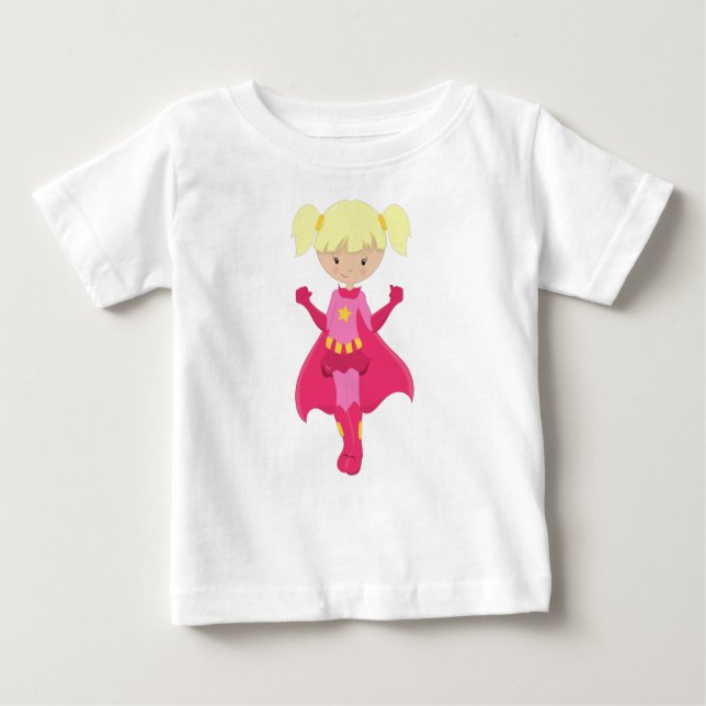 Camiseta Para Bebê Garota Super-Herói, Cabelo Loiro, Cape Rosa, Garot (Frente)