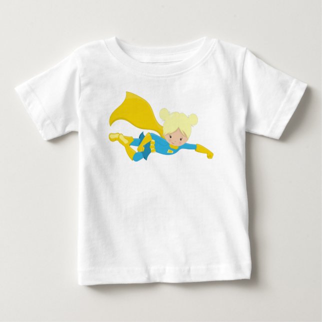 Camiseta Para Bebê Garota Super-Herói, Cabelo Loiro, Heroína, Cape Am (Frente)