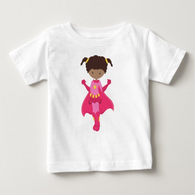 Camiseta Para Bebê Garota Super-Herói, Garota Afro-Americana, Cape Ro (Frente)