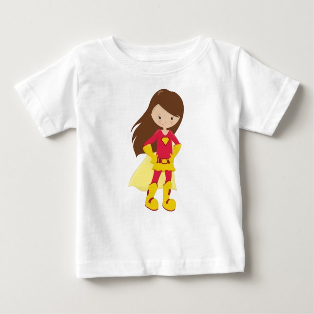 Camiseta Para Bebê Garota Super-Herói, Garota Bonita, Cabelo Marrom,  (Frente)
