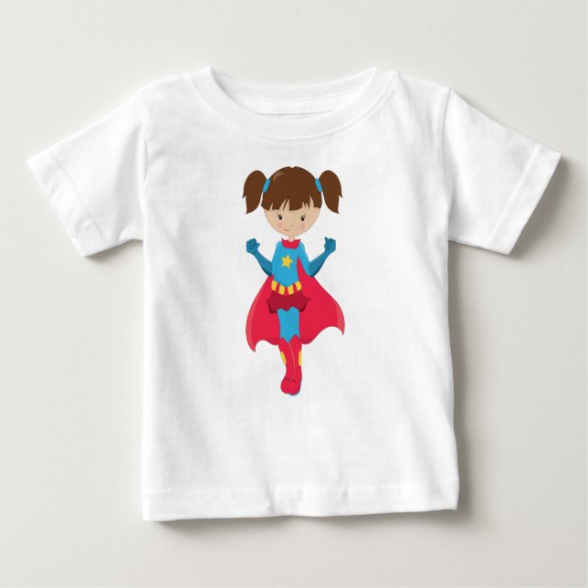 Camiseta Para Bebê Garota Super-Herói, Garota Fofa, Cabelo Castanho,  (Frente)