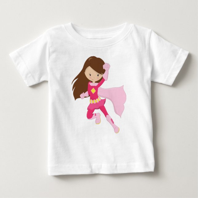 Camiseta Para Bebê Garota Super-Herói, Garota Fofa, Cabelo Castanho,  (Frente)