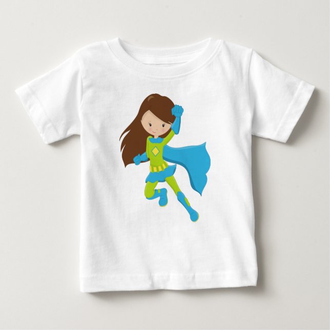 Camiseta Para Bebê Garota Super-Herói, Garota Fofa, Cabelo Castanho,  (Frente)