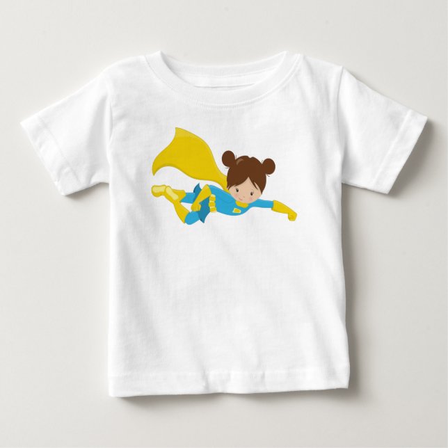 Camiseta Para Bebê Garota Super-Herói, Garota Fofa, Cabelo Castanho,  (Frente)