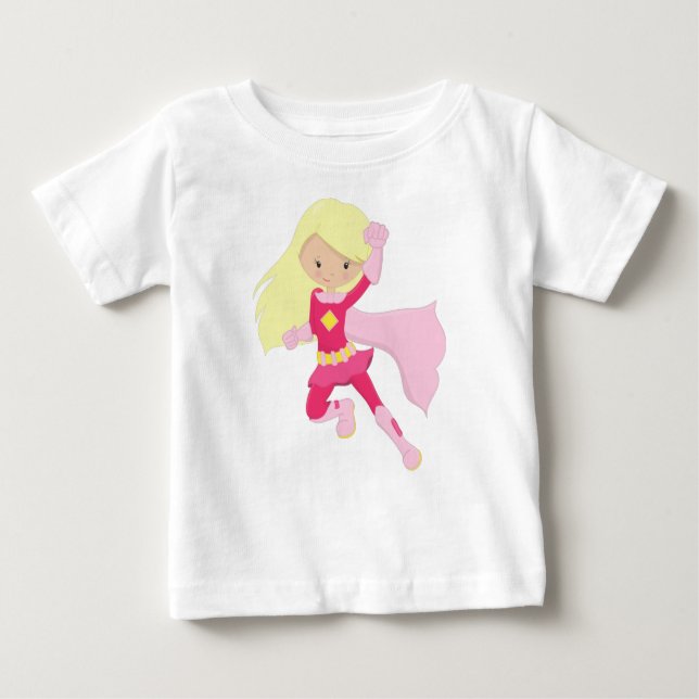 Camiseta Para Bebê Garota Super-Herói, Garota Fofa, Cabelo Loiro, Cap (Frente)