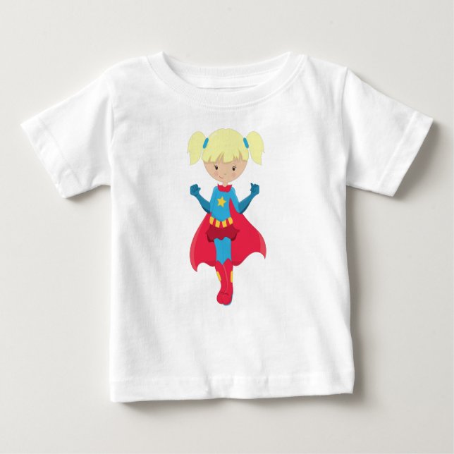 Camiseta Para Bebê Garota Super-Herói, Garota Fofa, Cabelo Loiro, Cap (Frente)