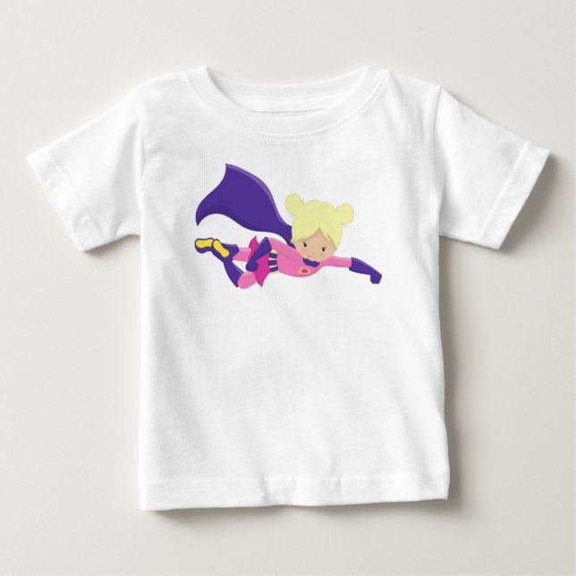 Camiseta Para Bebê Garota Super-Herói, Heroína, Cabelo Loiro, Cape Pu (Frente)