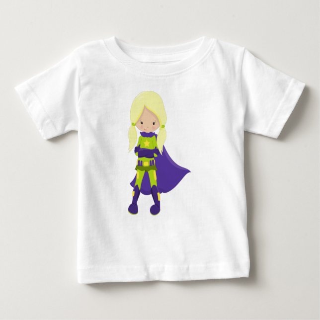 Camiseta Para Bebê Garota Super-Heroína, Cabelo Loiro, Heroína, Cape  (Frente)