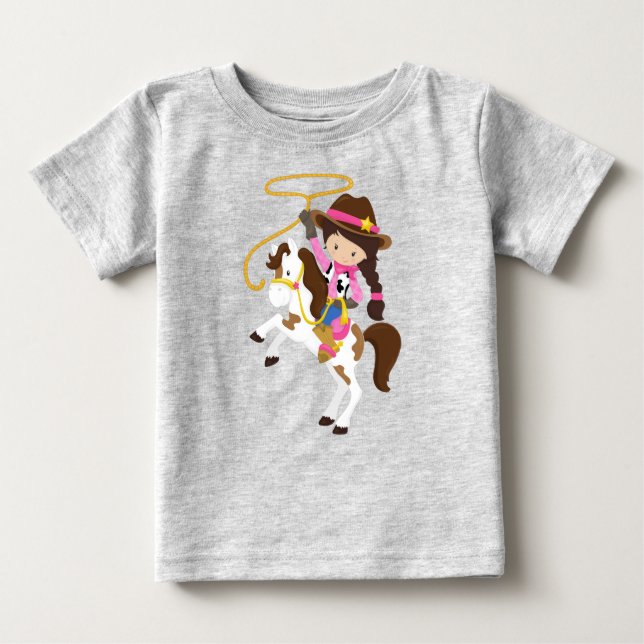 Camiseta Para Bebê Garota, Xerife, Cavalo, Laço, Cabelo Castanho (Frente)