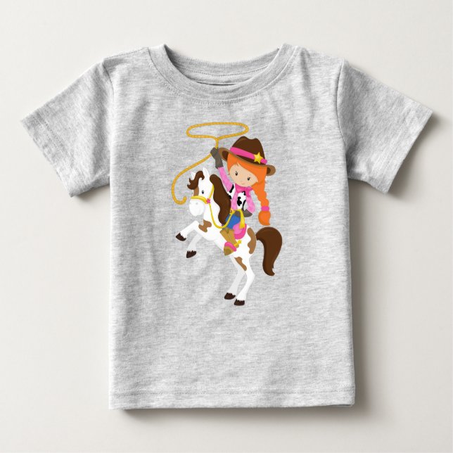 Camiseta Para Bebê Garota, Xerife, Cavalo, Laço, Cabelo Laranja (Frente)