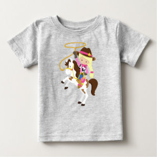 Camiseta Para Bebê Garota, Xerife, Cavalo, Laço, Cabelo Louro