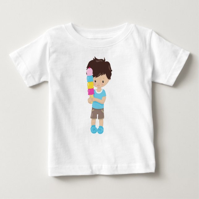 Camiseta Para Bebê Garoto Com Sorvete, Cabelo Marrom, Cone Sorvete (Frente)
