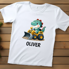 Camiseta Para Bebê Garoto Dinossauro em Veículo de Construção Amarelo