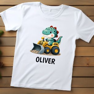 Camiseta Para Bebê Garoto Dinossauro em Veículo de Construção Amarelo