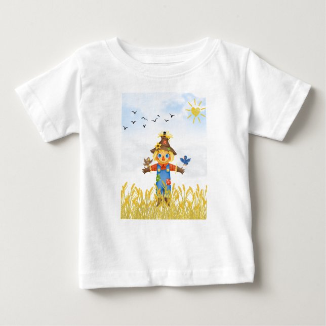Camiseta Para Bebê Garoto Espantalho com Pássaros Caindo (Frente)