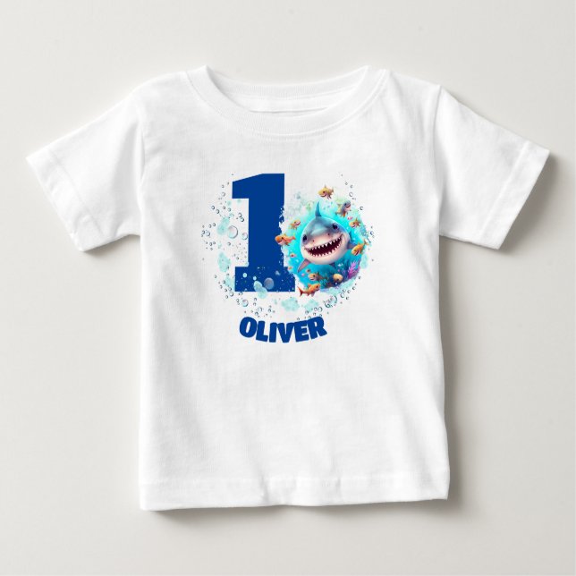 Camiseta Para Bebê Garoto Personalizado de Aniversário do Tubarão-Cor (Frente)