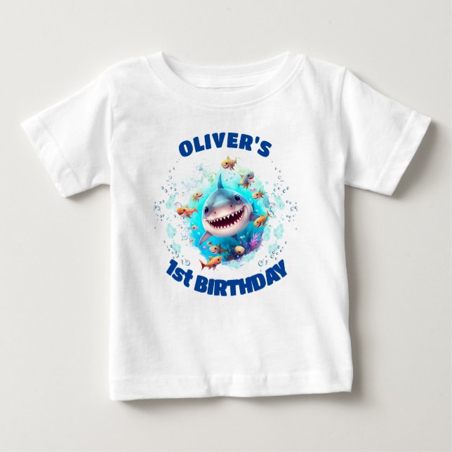 Camiseta Para Bebê Garoto Personalizado de Aniversário do Tubarão-Cor (Frente)