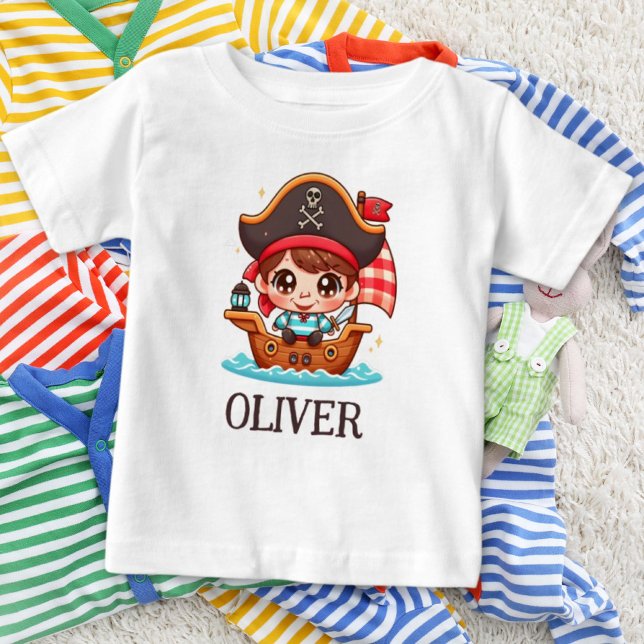 Camiseta Para Bebê Garoto Pirata Marinheiro Fofo e Navio Pirata (Criador carregado)