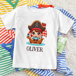 Camiseta Para Bebê Garoto Pirata Marinheiro Fofo e Navio Pirata