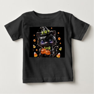 Camiseta Para Bebê Gatinha Chibi Cristal Preta Bruxa Halloween