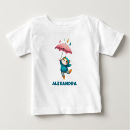 Camiseta Para Bebê Gatinho bonitinho com guarda-chuva dançando na chu