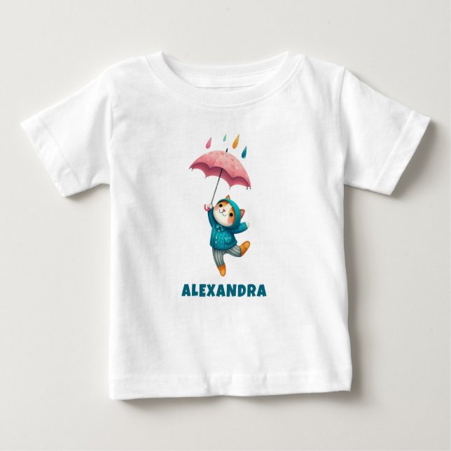 Camiseta Para Bebê Gatinho bonitinho com guarda-chuva dançando na chu (Frente)