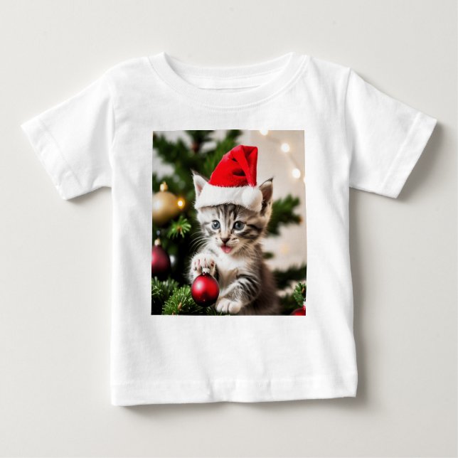 Camiseta Para Bebê Gatinho Bonito brincando com Gato de Árvore de Nat (Frente)