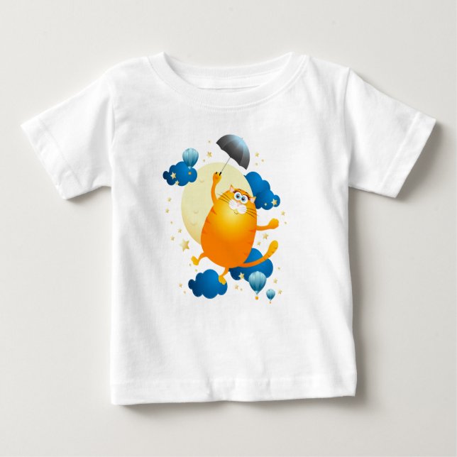 Camiseta Para Bebê Gatinho bonito voando com guarda-chuva (Frente)
