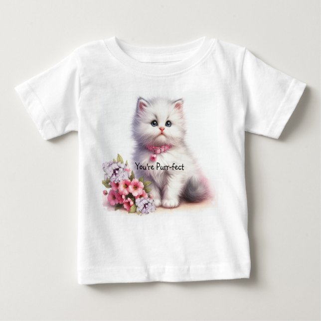 Camiseta Para Bebê Gatinho Branco Fluffy Você é perfeito (Frente)