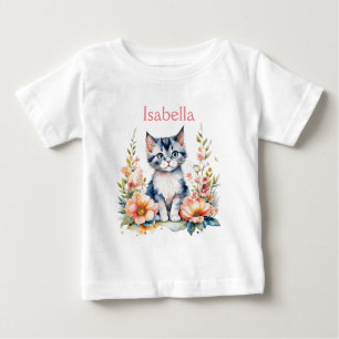 Camiseta Para Bebê Gatinho de Cinza Personalizado em Flores Rosa