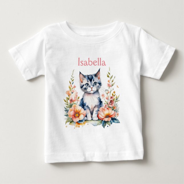 Camiseta Para Bebê Gatinho de Cinza Personalizado em Flores Rosa (Frente)