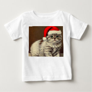 Camiseta Para Bebê Gatinho de natais vintages Vestindo o Santa Hat
