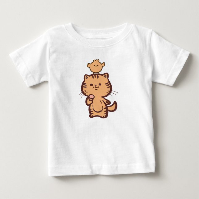 Camiseta Para Bebê Gatinho e frango pequeno (Frente)