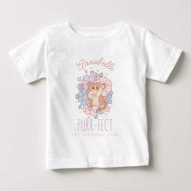 Camiseta Para Bebê Gatinho Gatinho Gatinho Gatinho primeiro aniversar (Frente)