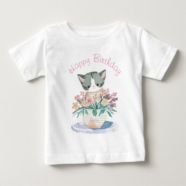 Camiseta Para Bebê Gatinho Gato | Feliz Aniversário Filha (Frente)