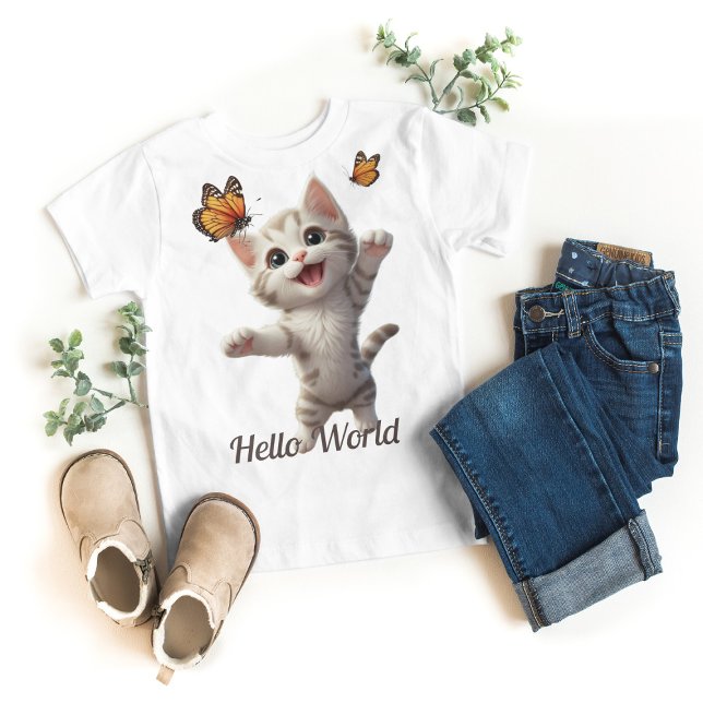 Camiseta Para Bebê Gatinho Gelado Borboletas Alô Mundo (Criador carregado)