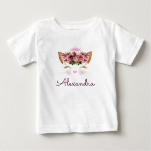 Camiseta Para Bebê Gatinho Monograma Dourado Rosa Bege 1º Aniversário