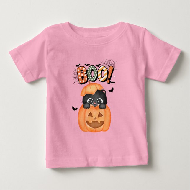 Camiseta Para Bebê Gatinho preto bonito pronto para Boo Halloween (Frente)