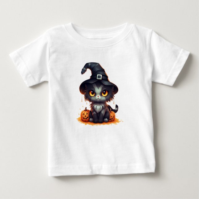 Camiseta Para Bebê Gatinho Preto do Dia das Bruxas Bonito (Frente)
