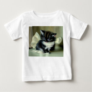 Camiseta Para Bebê Gatinho Preto e Branco Antigo com Língua para Fora