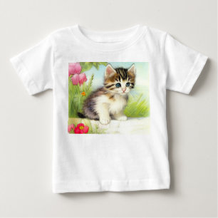 Camiseta Para Bebê Gatinho Vintage Branco e Marrom com Flores