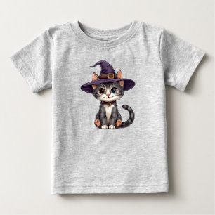 Camiseta Para Bebê Gato Adorável com Chapéu de Bruxa