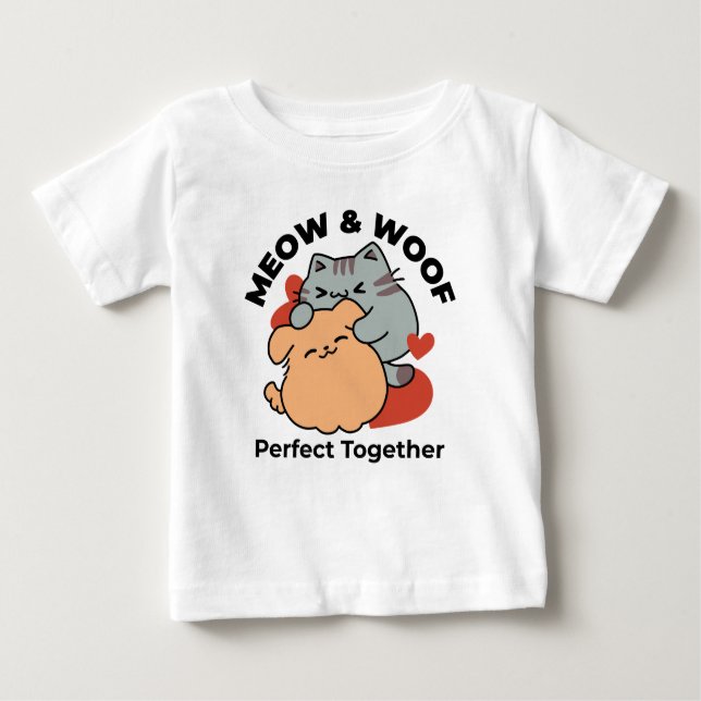 Camiseta Para Bebê Gato Adorável e Cachorro Abraço - Meow & Woof Desi (Frente)