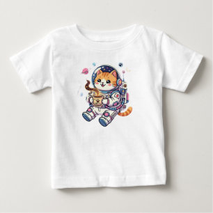 Camiseta Para Bebê Gato Astronauta Fofo Bebendo Café No Espaço Kawaii