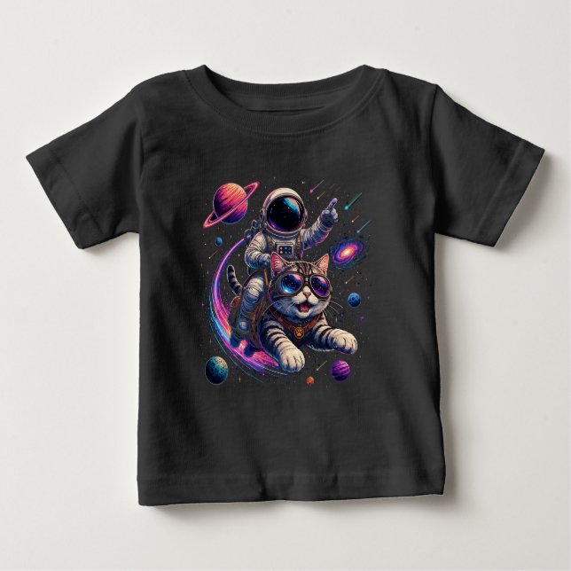 Camiseta Para Bebê Gato astronauta passeando pelo espaço (Frente)