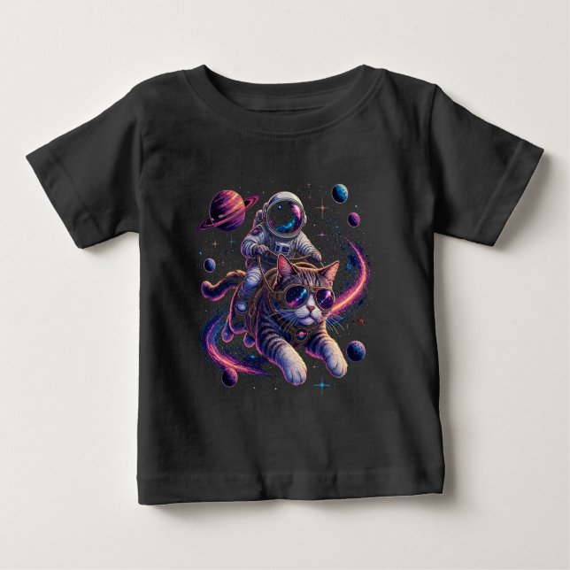 Camiseta Para Bebê Gato astronauta viajando pelo espaço (Frente)
