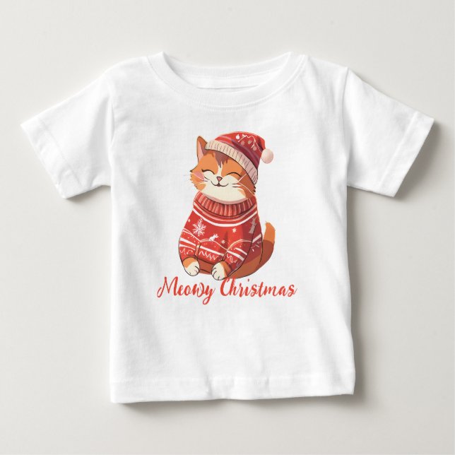 Camiseta Para Bebê gato bonitinho com chapéu de Natal e blusa de suor (Frente)