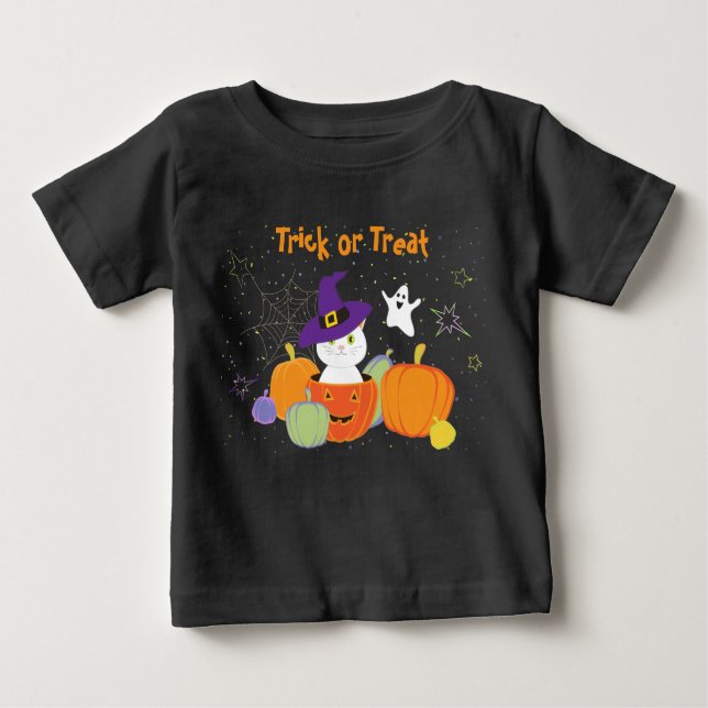 Camiseta Para Bebê Gato bonitinho do Halloween no Chapéu das Bruxas (Frente)