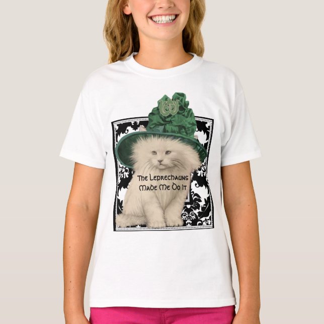 Camiseta Para Bebê Gato Bonito, Chapéu Verde, O Leprechaun Me Fez Faz (Frente)